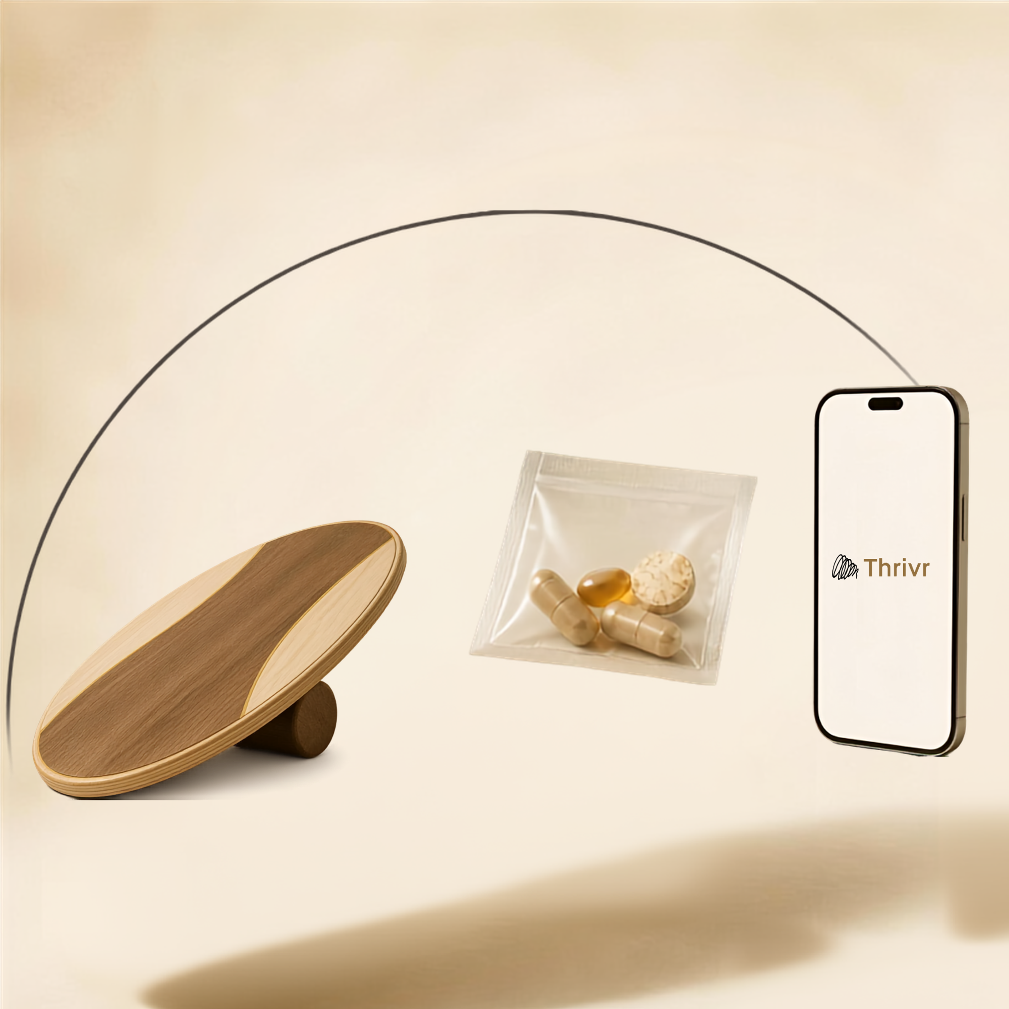 Prancha de equilíbrio Thrivr Compass, sachê de suplementos personalizado e aplicativo mostrando a marca Thrivr